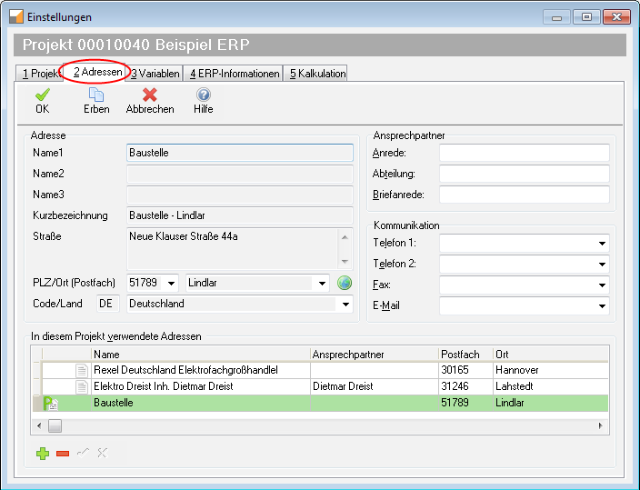 TreesoftOffice.org Arbeitshandbuch ERP - Projektfakturierung 4.2.2 Register Adressen Auf dem Register Adressen werden alle dem Projekt zugeordneten Adressen angezeigt.