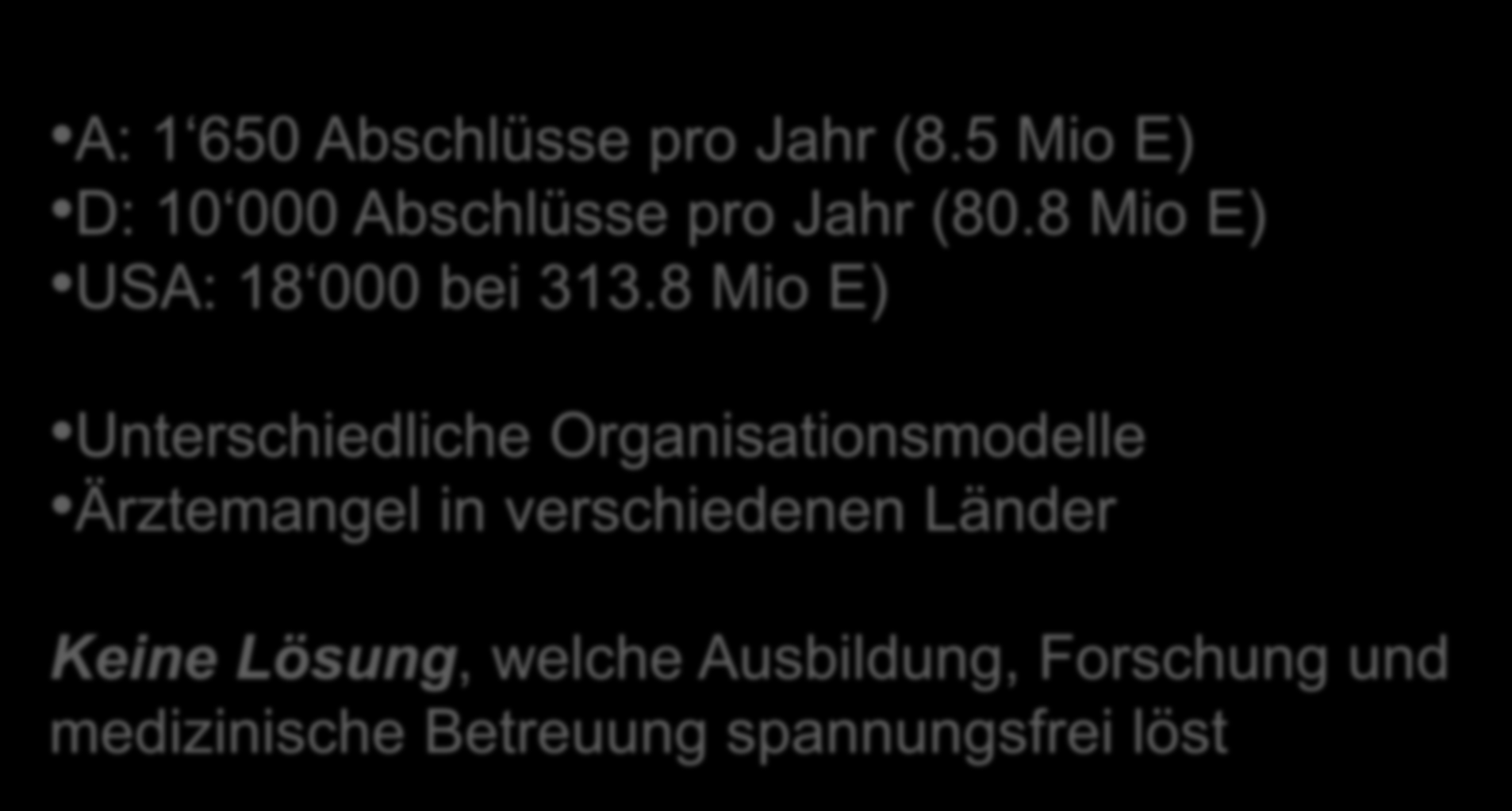 Organisation Ärzteausbildung A: 1 650 Abschlüsse pro Jahr (8.5 Mio E) D: 10 000 Abschlüsse pro Jahr (80.8 Mio E) USA: 18 000 bei 313.