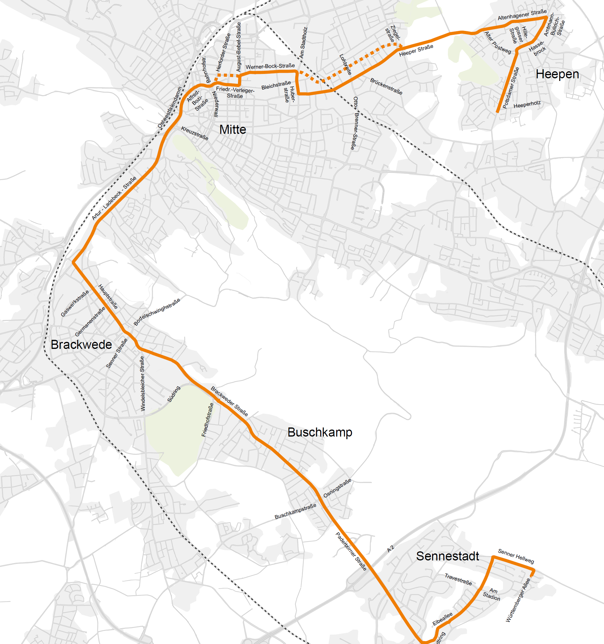 Grundlage für die weitere Planung der Stadtbahnlinie 5 von Sennestadt nach Heepen soll die in Abb.