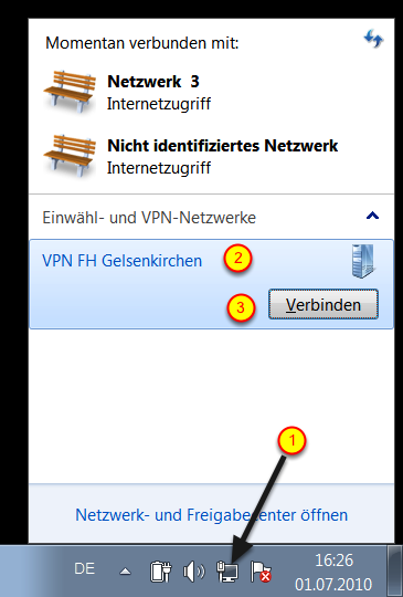 Herstellen der VPN-Verbindung zur FH Gelsenkirchen: (1)Bitte klichken Sie in der Trayleiste unten rechts auf das Symbol für Netzwerkgeräte.