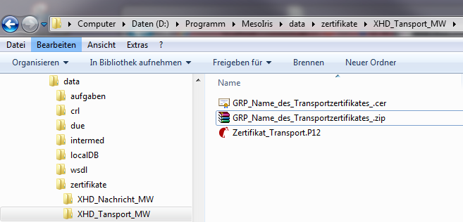 7. ZIP-Datei erstellen Der öffentliche Schlüssel muss in eine ZIP-Datei gepackt werden. 7.1 ZIP-Datei des Inhaltsdatenverschlüsselungszertifikates für alle Kunden 1. Öffnen Sie das Verzeichnis z.b.