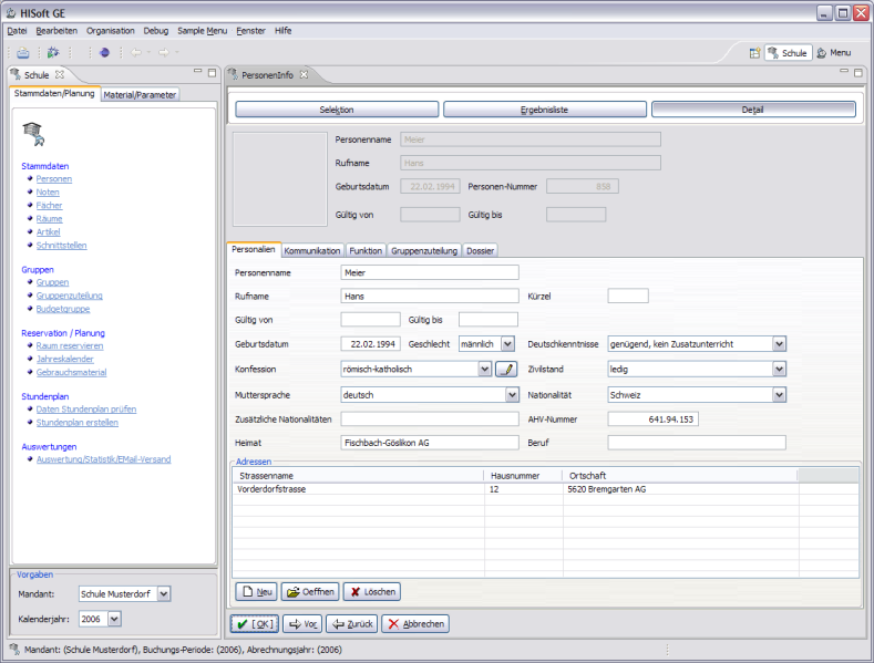PERSONEN-INFO In der Anwahl "Personen-Info" sind alle Daten einer Person (Schüler, Lehrperson, Personal, Mitglieder Schulpflege, usw.) ersichtlich. Personalien inkl.