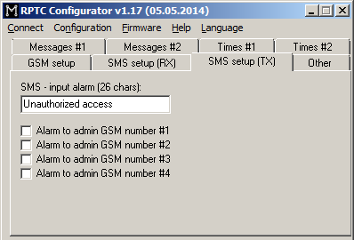 SMS TX enable: Aktiviert den Sender. SMS TX disable: Deaktiviert den Sender. SMS RX detect level+tone: Der Sender kann nur mit einem 1750 Hertz-Ton aufgetastet werden.