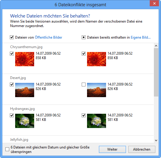 Der Explorer 25 Als Verbesserung gegenüber Windows 7 werden die Dateikonflikte jetzt durch zusätzliche Informationen und bei Bildern auch mit visueller Unterstützung dargestellt, wodurch die
