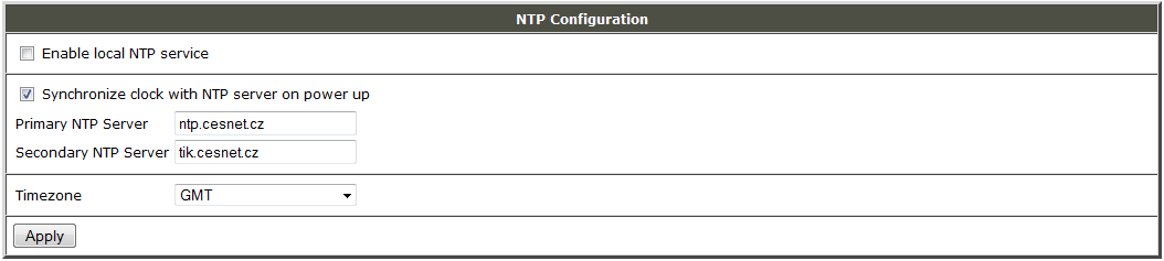 Einstellung der Konfiguration über den Webbrowser 59 57 Konfiguration des NTP Klienten Die Konfiguration des NTP Klienten kann durch die Auswahl der Option NTP im Menü aufgerufen werden Im Fenster