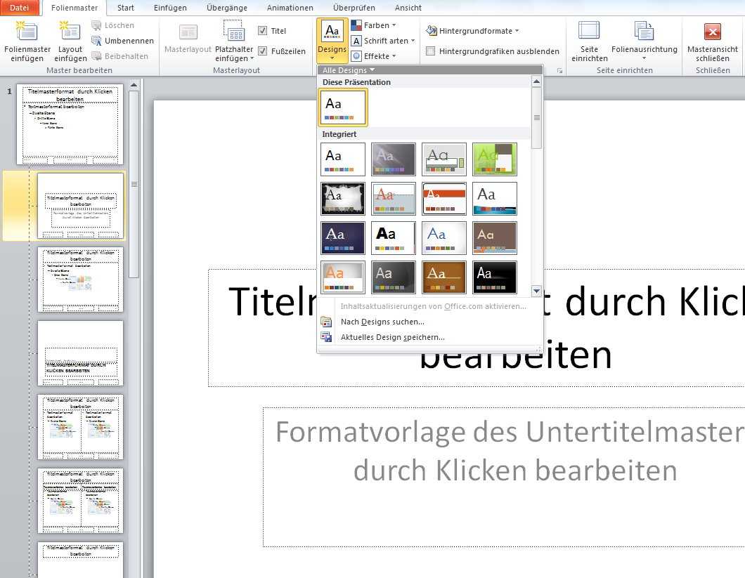Microsoft Office PowerPoint 2010 Seite 2 2. Folien-Master erstellen Bei der Grundeinstellung wird PowerPoint mit einer Standard-Masterfolien-Vorlage gestartet.