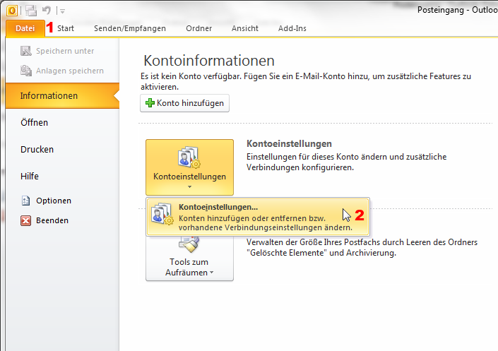 Schritt 1: Um ein neues Konto mit Microsoft Outlook 2010 einzurichten, öffnen Sie bitte Microsoft Outlook 2010 und klicken Sie rechts