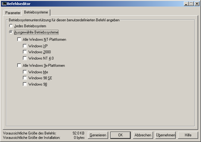 Konfiguration benutzerdefinierter Befehle Konfigurieren benutzerdefinierter Befehle 61 So geben Sie die unterstützten Betriebsysteme an 1 Führen Sie im Fenster "Symantec Packager" auf der
