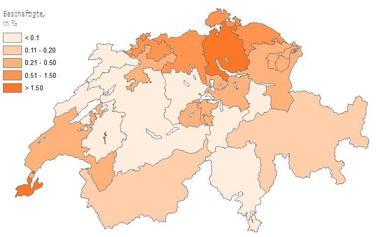 83 RELATIVE BESCHÄFTIGUNG DER LANDESFLUGHÄFEN NACH KANTONEN Figur 33 Alle Werte für 2008, Anteil in % der Beschäftigung aus direktem Effekt an der kantonalen Beschäftigung.