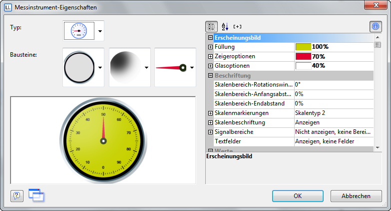 Messinstrument erstellen Abbildung 6.27: Eigenschaften des Messinstruments 4. Bestimmen Sie z.b. die Einfärbung des Signalbereichs um den optimalen Bereich zu signalisieren.