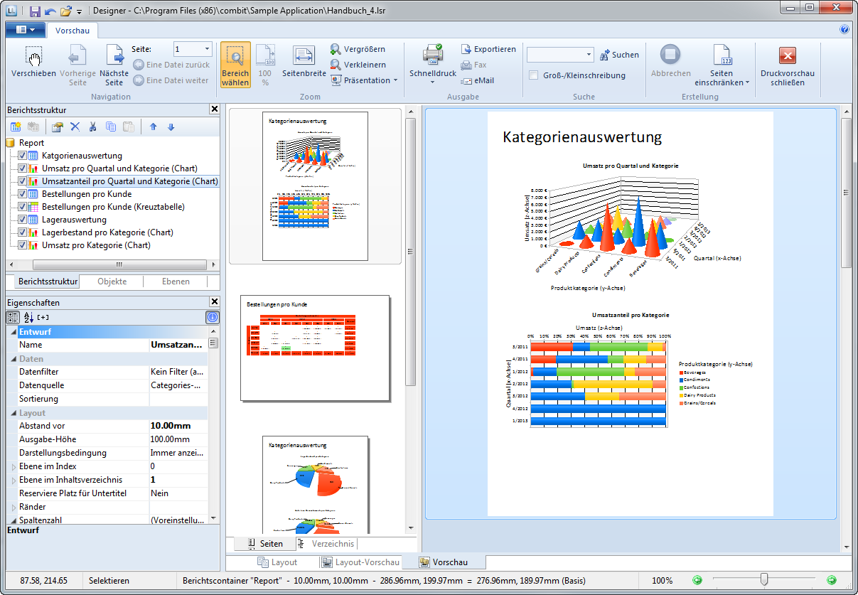 Seitenlayout mit der Kreuztabelle im Querformat und der restliche Bereich mit den Tortendiagrammen wiederum im Hochformat ausgegeben werden. Im Ergebnis soll der Report so aussehen: Abbildung 8.