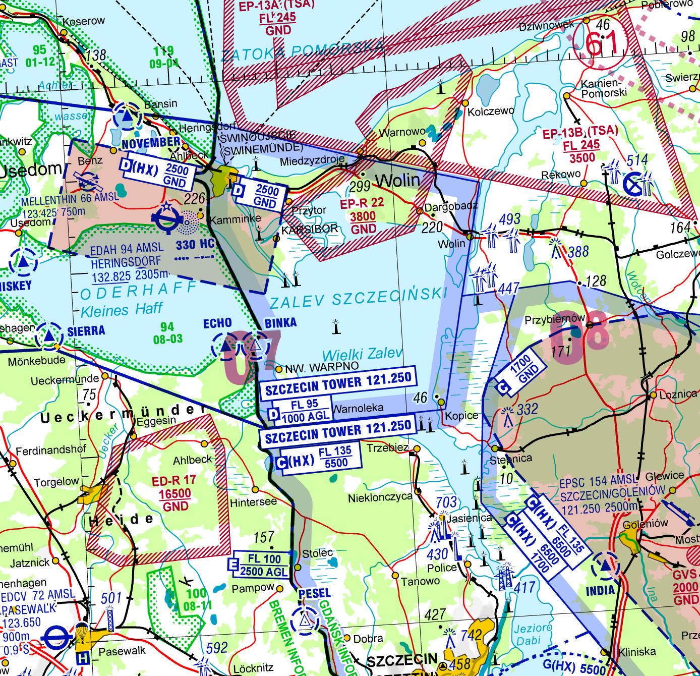 GEN 0 23 Flughafen Heringsdorf EDAH Rufzeichen/Frequenz für Luftraum D (nicht CTR) auf polnischem Gebiet geändert in SZCZECIN TOWER 121.
