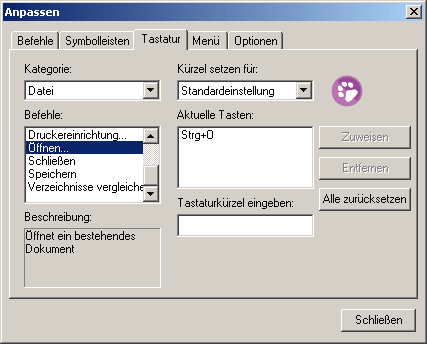 Benutzerreferenz Menü "Extras" 71 Register "Tastatur" Auf dem Register "Tastatur" können Sie Tastaturkürzel für verschiedene Befehle aktivieren.