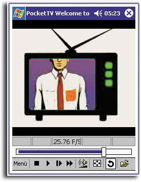6 Anwendungen von Drittherstellern PocketTV TM Befehlsleiste In der Befehlsleiste befinden sich die allgemeinen Befehle für Medienwiedergabe: Stopp Wiedergabe Pause Schritt Schneller Vorlauf