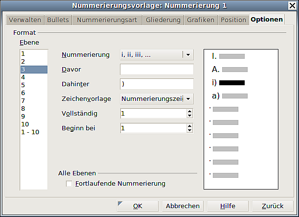 Nummerierungsvorlagen mit Gliederung 2. Im Dialogfenster Nummerierungsvorlage wechseln Sie auf die Registerkarte GLIEDERUNG (Abbildung 33).