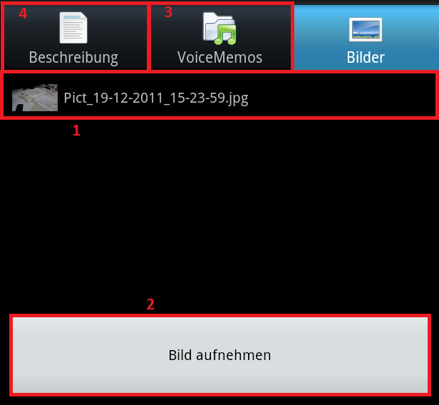 4 Implementierung von FireTabletPlus 4.1.11 Faultdetails Screen VoiceMemo und Picture Ansicht Abbildung 4.11: Die Funktionalität auf den beiden Reitern Picture und VoiceMemo.