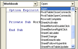 Ereignisse auswählen Klicken Sie doppelt auf ein Objekt im Projekt-Explorer. Zum Beispiel: Diese Arbeitsmappe. Das dazugehörige Modul wird im Codefenster angezeigt.