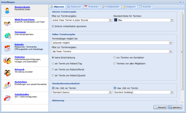 .4. Kalender: Allgemeine Einstellungen 4 5 ) Praxis/Klinik-Terminvergabe-Regel ) Vorlaufzeiten für Praxis ignorieren ) Online-Terminabsage (bzw.