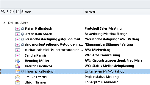 Outlook Add-In für De- Mail verwenden Dialog aufrufen Spalten auswählen Ansicht prüfen Die neuen Spalten werden zu Ihrer Nachrichtenübersicht hinzugefügt.