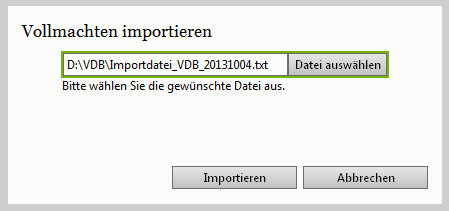 4. Klicken Sie auf Datei auswählen und wählen Sie die Datei aus, die Sie in die VDB importieren möchten.