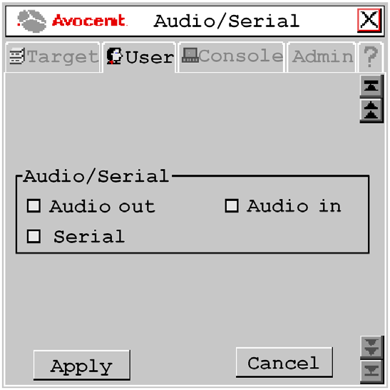 Kapitel 3: Betrieb 53 Abbildung 3.19: Bildschirm "Audio/Serial" (Registerkarte "User") 3.