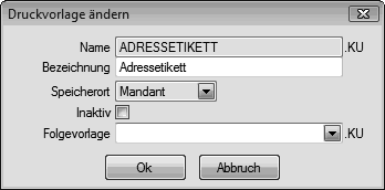 7 Drucken Abbildung 7.12: Druckvorlagen Bearbeitungsansicht Sowohl im Übersichts- als auch im Bearbeitungsmodus können Sie über einen Doppelklick auf eine Vorlage deren Eintrag bearbeiten. 7.5.