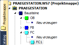 2.2 Programmeingabe am Beispiel Prägeeinrichtung WinSPS öffnen Neues Projekt Praegestation anlegen Baustein OB ist automatisch erzeugt 2.2. Funktion FC erstellen Funktion FC erstellen mit Doppelklick