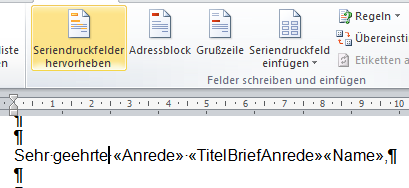 Nun stellen Sie den Cursor bitte direkt hinter geehrte, denn dort soll