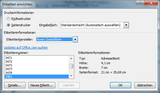 Dazu klickt man auf Etikettenoptionen... 7, worauf sich ein neues Dialogfenster öffnet. In diesem Dialogfenster wählt man den richtigen Etikettenhersteller 8 und die Etikettennummer 9 aus.