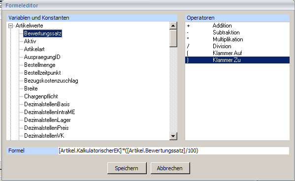 2.3 Formeleditor Im Formeleditor werden folgende Variablen zur Verfügung gestellt: - Alle Numerischen Werte aus dem Artikelstamm (inklusive Benutzerdefinierter Felder) - Alle Numerischen Werte aus