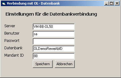 3. Eintragen der Verbindungsparameter zur zu verwendenden Office Line Datenbank. (Als Datenbankname muss der Name eingegeben werden, der im SQL-Server registriert ist).