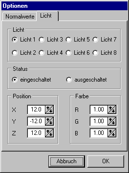 3.3 Das Graphikfenster 43 In diesem Teil des Dialogs sind die Beleuchtungseinstellungen zusammengefasst. Es sind bis zu 8 Lichtquellen möglich, die als Punktlichtquellen ausgebildet sind.