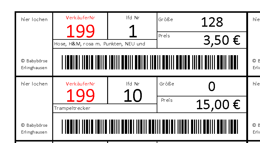 Haben Sie das Verkäuferblatt ausgefüllt, so können Sie Ihre Barcode-Etiketten ausdrucken.