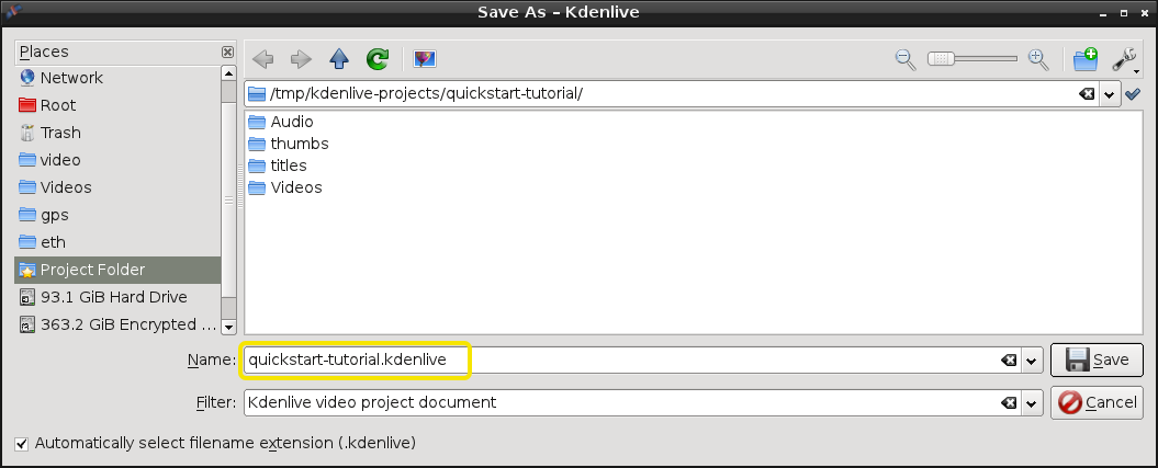Fenster von Kdenlive 0.8 mit den Dateien der Anleitung Nach dem Laden der Clips sieht das Fenster von Kdenlive etwa wie im Bildschirmfoto oben aus. Oben links ist der bereits bekannte Projektbaum.