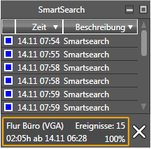 Die Ergebnisliste des SmartSearch-Suchlaufes hat denselben Aufbau, wie die Liste der eingegangenen Alarme (vgl. Liste der eingegangenen Alarme).