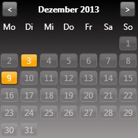 Datum der aktuell angezeigten Wiedergabe Ein Linksklick in das Datumsfeld öffnet den Tageskalender. Orange markiert sind die Tage, zu denen Videodaten im Archiv vorhanden sind.