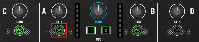 Typische Setups Mikrophone anschließen 2. Drücken Sie den TRAKTOR-Button von Kanal A. Der Button fängt an hell in Grün zu leuchten. 3. Lassen Sie den MIC-1-Button los.