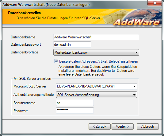 8 Warenwirtschaft Neue Datenbank erstellen. Die Erstellung einer Konfigurationsdatei wird mit Hilfe eines Wizards durchgeführt. Schritt 1 (Grundeinstellungen) Datenbankname Der Name der Datenbank (z.