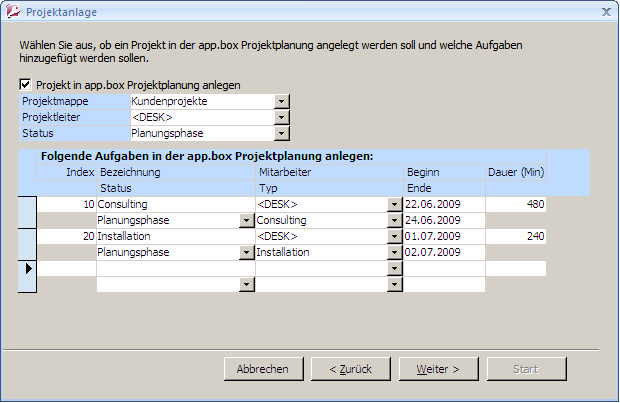 Hier Können Sie auswählen, ob und wie ein Projekt in der app.box-projektplanung angelegt werden sollen. Zusätzlich können direkt Aufgaben hinzugefügt werden.