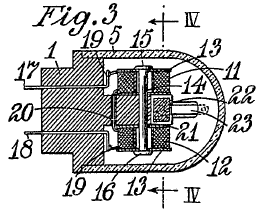 Das Britische Patent 594.151 (1945) zeigt den wahrscheinlich ersten elektrischen Tonabnehmer von Decca. 11, 12: Spulen 22: Permanentmagnet 23: Nadelträger 24: Nadel US-Patent 2.