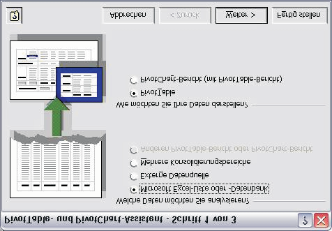 OFFICE Excel 2003 In diesem Fenster kann zunächst ausgewählt werden, ob die Daten aus einer Excel-Liste oder -Datenbank, einer externen Datenquelle, mehreren Excel-Tabellenblättern oder einer anderen