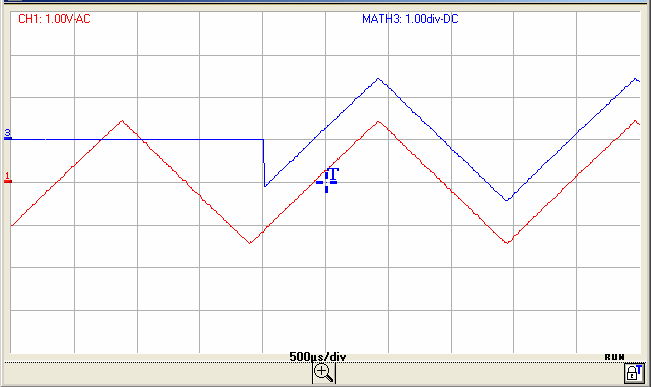 Gerät Oszilloskop - Menü "Vertikal" Gerät "Oszilloskop" (Fortsetzung) Verwendung der mathematischen Funktionen Es wird nur die Funktion divv() verwendet Beispiele math3 = divv(3) Kurve in blau Die