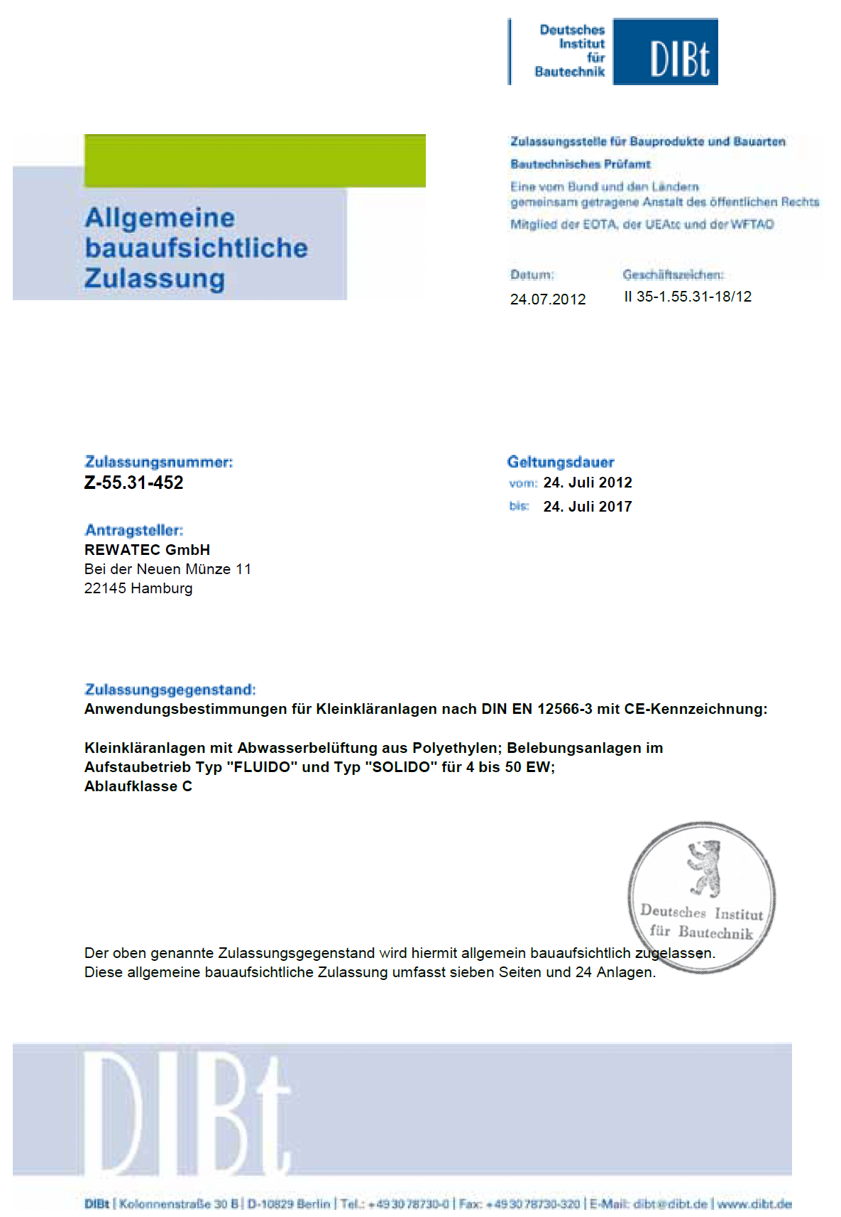 5. DIBt-Zulassung (CE-Anwendungsbestimmung) Deckblatt für