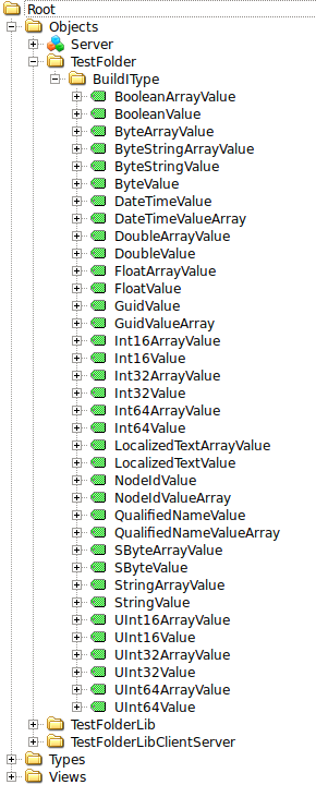 8 Abbildung 4 - Informationsmodell Im Folder Root/Objects/TestFolder/BuildInType ist für jeden OPC UA BuildInType eine Variable vorhanden.