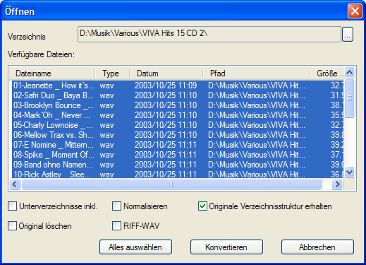 Die einzelnen CD Tracks werden als WAV-Datei auf die Festplatte übertragen. Der Fortschritt des Extrahierens wird angezeigt. Im Windows-Explorer sind die entsprechen Dateien danach sichtbar.