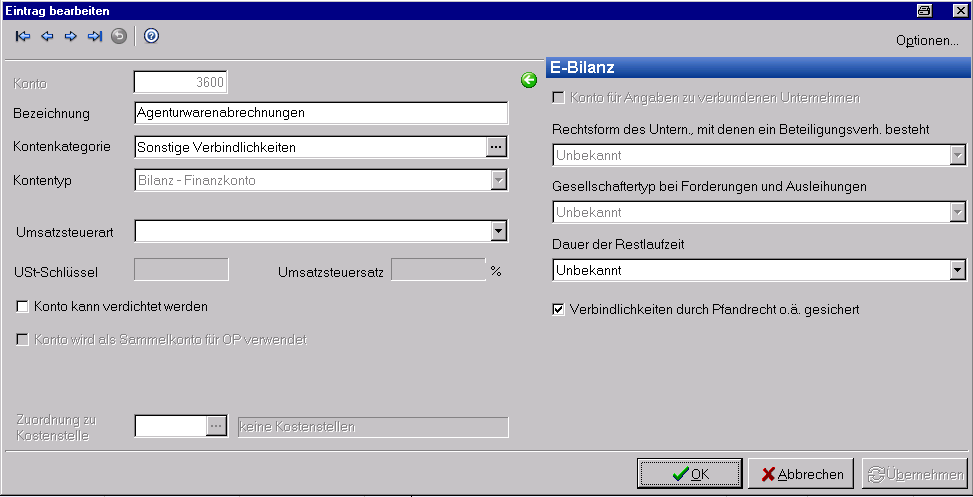 ADDISON-Agrosoft HANNIBAL E-Bilanz Konteneigenschaft Pfandrechtsicherung Bei Verbindlichkeitenkonten kann angegeben werden, wenn die Verbindlichkeit durch