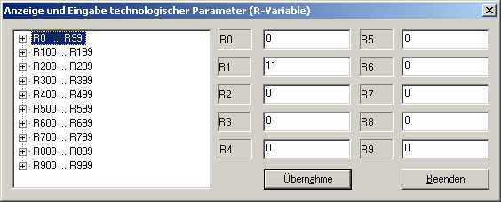 Befehlsliste 117 3.148 Parameter Mit dem Befehl G98 kann im Anwenderprogramm die Dialogbox "Eingabe von R- Variablen" zur Laufzeit des Programmes aktiviert werden.