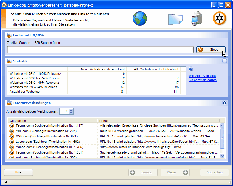Schritt 4: Erhöhen Sie die Link-Popularität Ihrer Website 68 Schritt 3: IBP sucht nun nach Websites, die zu Ihnen linken könnten: Die gefunden Webseiten werden nach Relevanz sortiert.