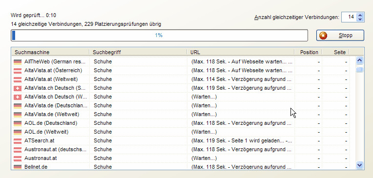 77 Schritt 5: Überprüfen Sie die Platzierung Ihrer Website Suchmaschinen ausgewählt und 25 Suchbegriffe angegeben haben, dann muss IBP 30 + 25 = 750 Überprüfungen starten (also 750 Webseiten