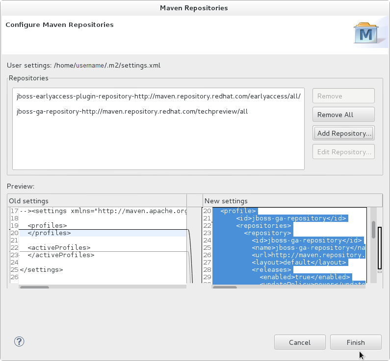 Handbuch zum Einst ieg Abbildung 4.10. Überprüfen der Maven Repositories 6. Es erscheint eine Eingabeaufforderung mit der Nachricht " Are you sure you want to update the file ' MAVEN_HOME/settings.